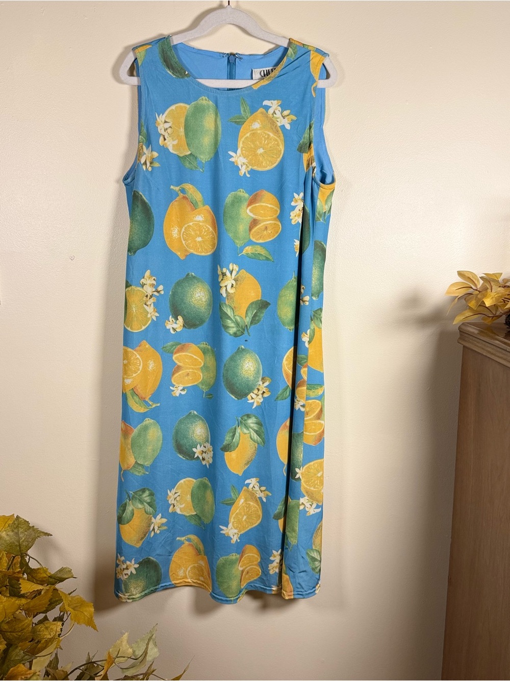 Vintage Chetta B Peter Nygard Sheri Bloom Lemon Citrus Midi Dress Blue Size 8